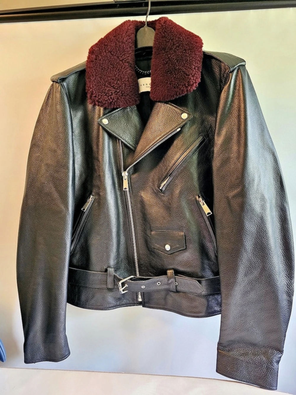 Sandro Leather-Style Moto Jacket in Black & Red